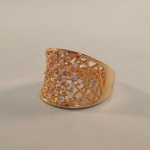 18K Yellow Gold Filled Wide Band Web White Diamond Zircon Ring Gorgeous Gift - Picture 4 of 12